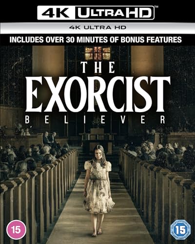 The Exorcist: Believer" Blu-ray cover featuring a young girl in a church.