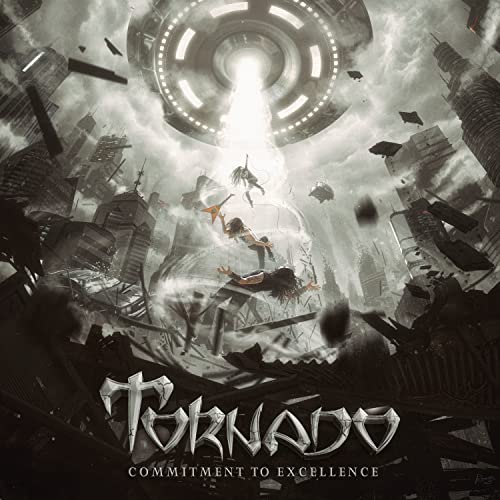 CD cover: dystopian cityscape with a UFO and falling figures.