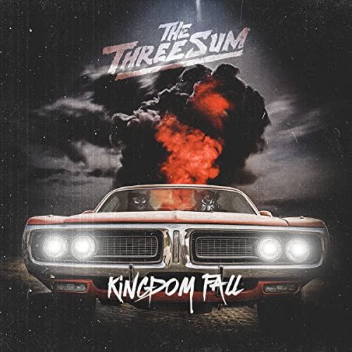 Album cover: vintage car with fiery smoke, dark cloudy sky.