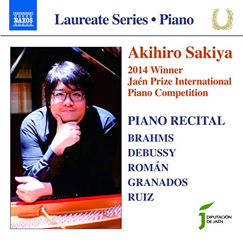CD cover featuring pianist Akihiro Sakiya, text listing composers, and logos.