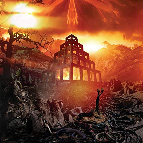 Burning ziggurat structure in a fiery, desolate landscape with skulls.