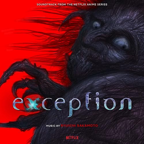 Dark, textured creature with glowing eyes against a red background; “exception” text.