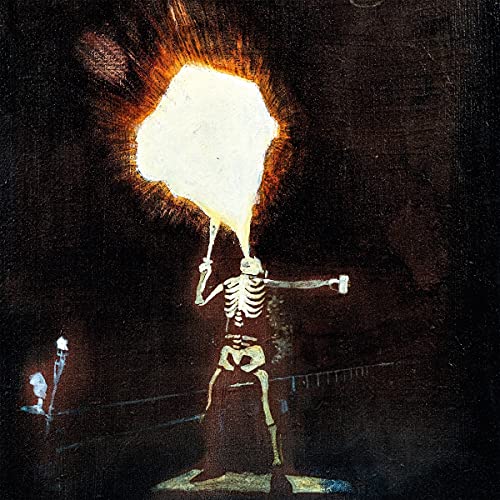 Skeleton figure with glowing head, standing in a dark, textured scene.