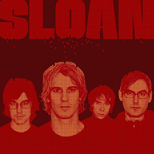 Red pixelated image of the band Sloan and their album artwork.