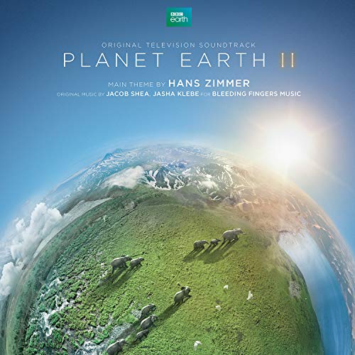 Planet Earth II soundtrack album cover with elephants and a globe.