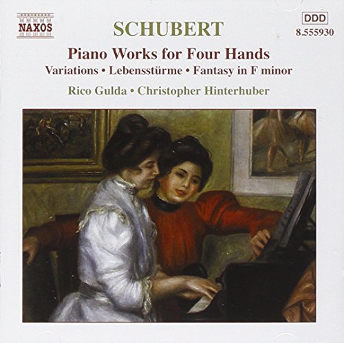 CD cover: two women playing piano, painting style, Schubert music.
