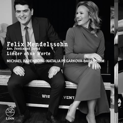 Black and white album cover featuring two smiling musicians, Michael Barenboim and Natalia Pegarkova-Barenboim.