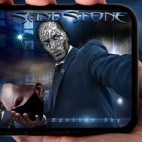 CD cover for Sandstone’s “Epsilon Sky” featuring a fractured-face man in a suit.