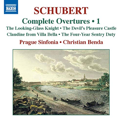CD cover for Schubert overtures featuring a landscape painting of a river town.