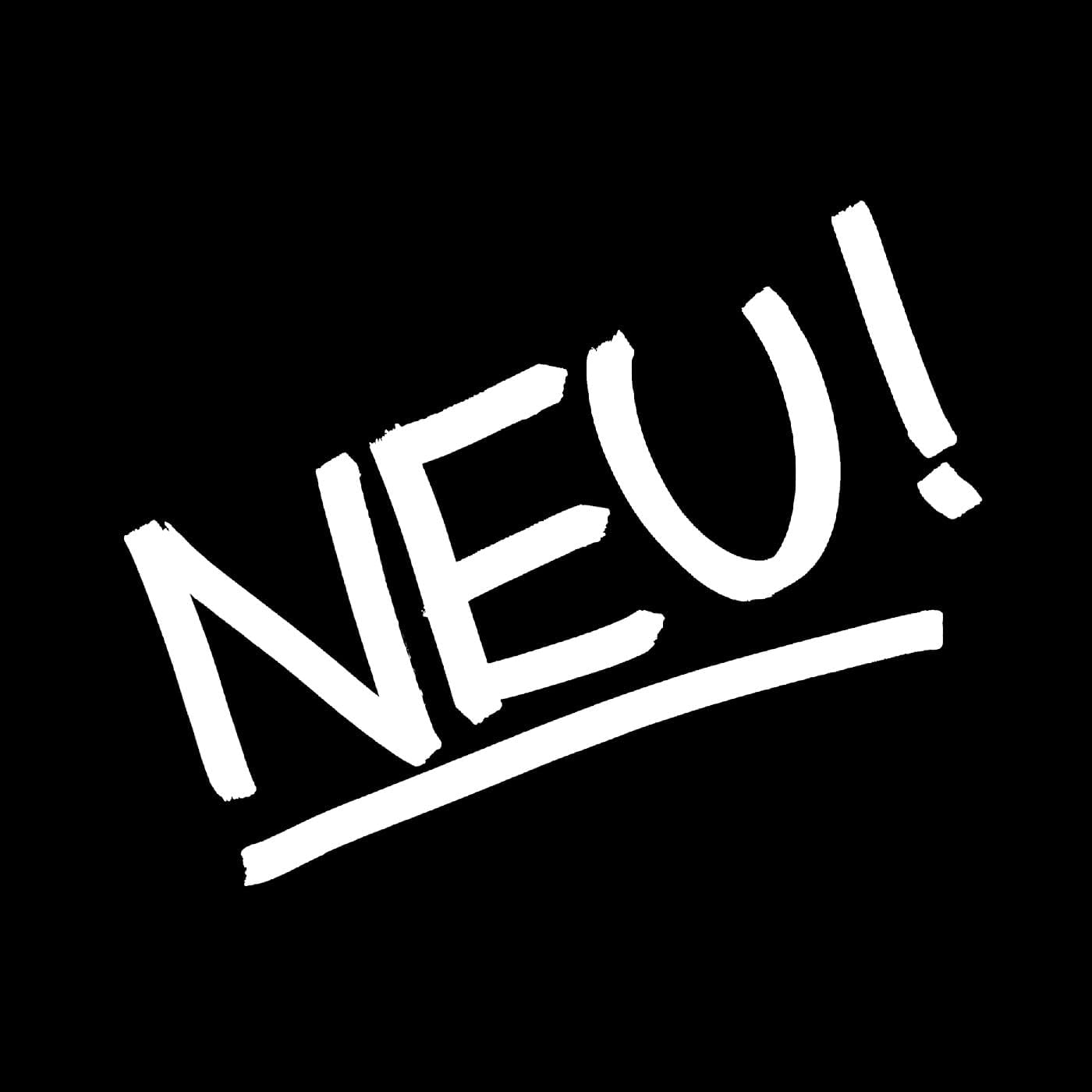 White text reading NEU! with an underline, set diagonally against a solid black background.