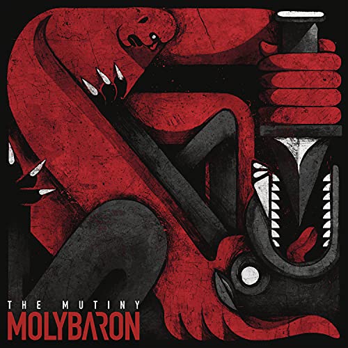 Red and black illustration of a hand with claws and a monstrous head.