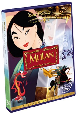 DVD cover art for Disney's Mulan featuring Mulan, Mushu, and a warrior on horseback.