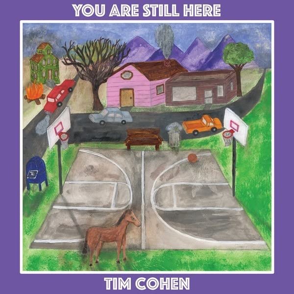 Painted album cover featuring a street scene with houses and basketball hoops.