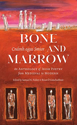 Book cover with skeletons and standing stones against a vibrant red and pink background.