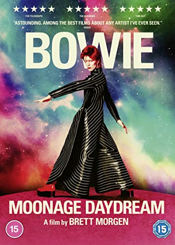 David Bowie in a striped outfit against a colorful nebula background on DVD cover.