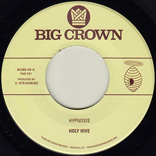 Yellow vinyl record label with "Holy Hive" text and a bee illustration.