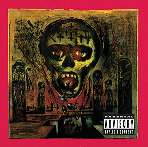 Dark album cover with a screaming skull and graveyard scene, parental advisory warning.