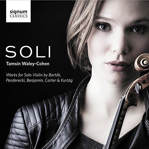 Tamsin Waley-Cohen holding a violin, with album title Soli on a black background.