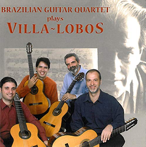 CD cover featuring four guitarists and sheet music, titled āBrazilian Guitar Quartet.ā