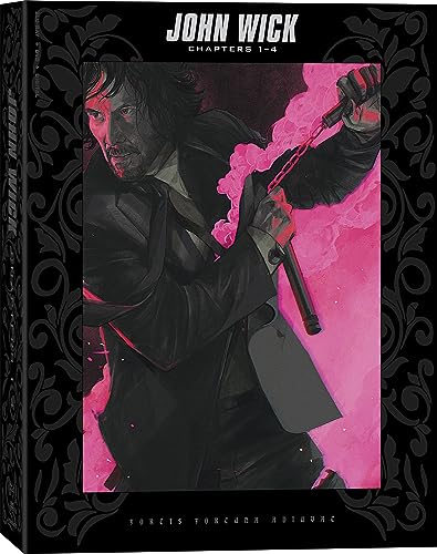 Blu-ray box set featuring John Wick with a pink and black design.