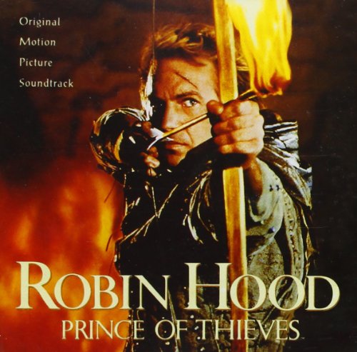 Robin Hood aiming a flaming arrow, album cover for the movie soundtrack.