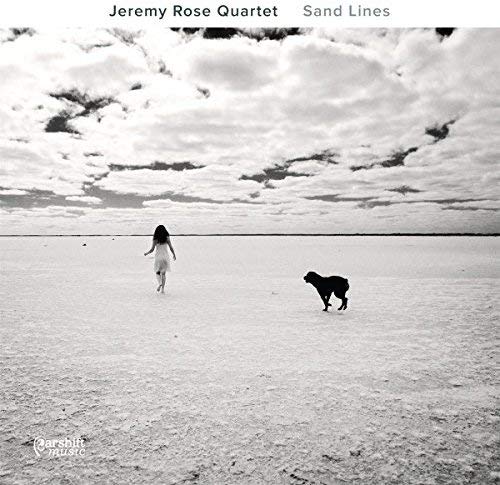Black and white album cover with a lone figure and dog on a salt flat.