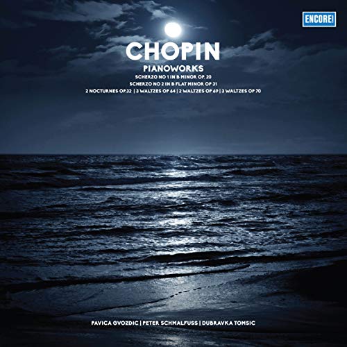Vinyl record cover for Chopin’s Pianoworks with a seascape background.