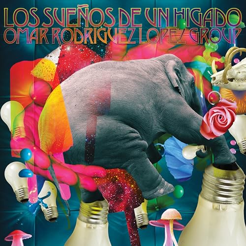 Surreal album art featuring a grey elephant among lightbulbs, flowers, and colorful shapes.