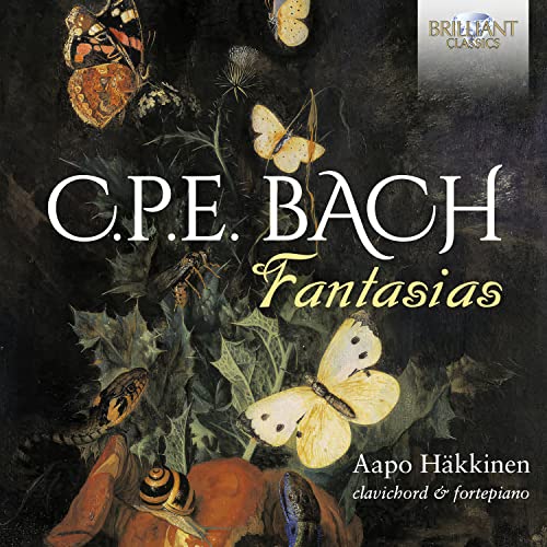CD cover: dark floral still life with butterflies, text “C.P.E. Bach Fantasias”.