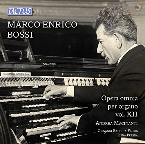 Organist playing a large pipe organ, CD cover for Marco Enrico Bossi’s works.