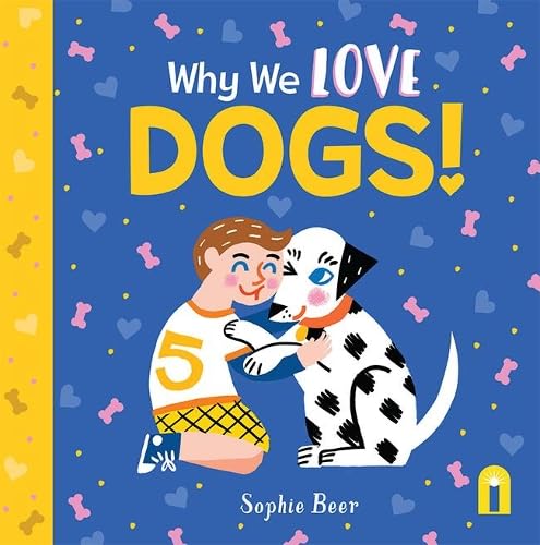 Book cover: child hugging a spotted dog, blue background with bones.