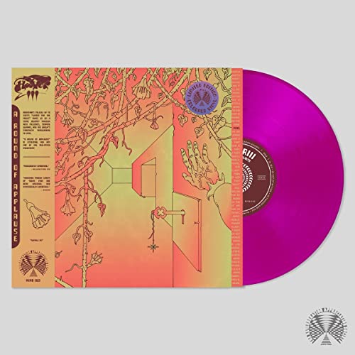Neon purple vinyl record with illustrated album cover featuring hands and floral designs.