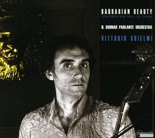 Black and white CD cover featuring a man with a viola da gamba.