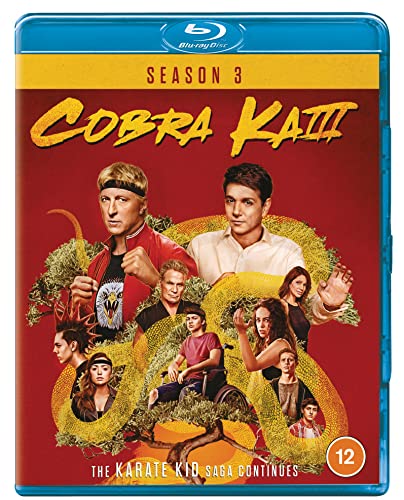 Cobra Kai Season 3 Blu-ray cover with characters and yellow flames.
