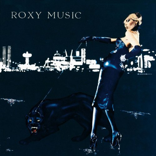 Woman in shiny dress with panther on a leash against a city skyline.
