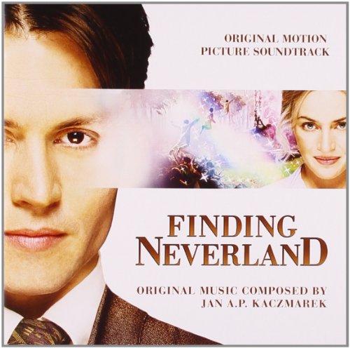 Finding Neverland" CD cover with portraits and a whimsical, colorful scene.