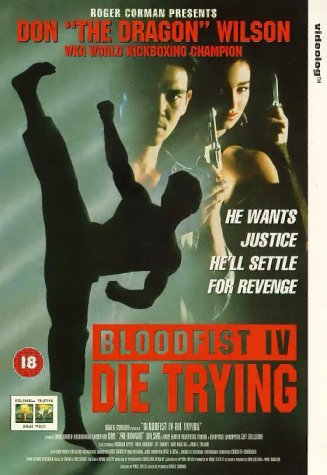 Movie poster for "Bloodfist IV: Die Trying" featuring martial arts and guns.