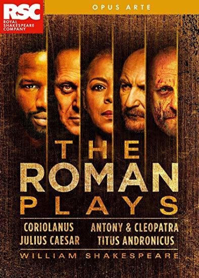 DVD cover for Shakespeare’s “The Roman Plays” featuring five actors’ faces.