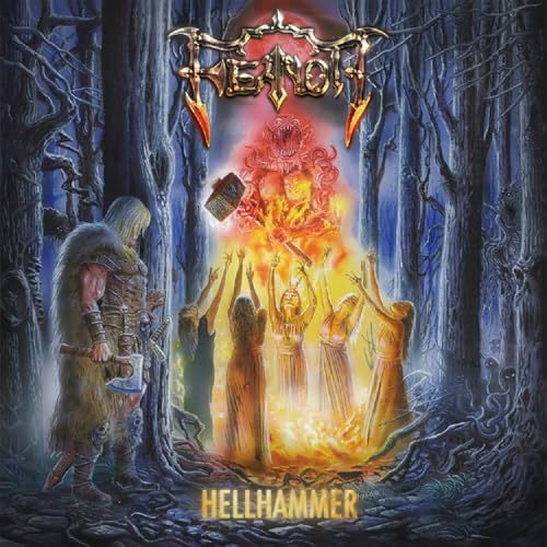 Feanor “Hellhammer” CD cover: dark fantasy art with figures and fire.