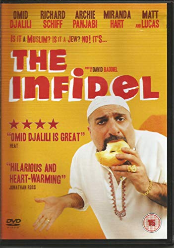 DVD cover for "The Infidel" featuring a man eating a pastry.