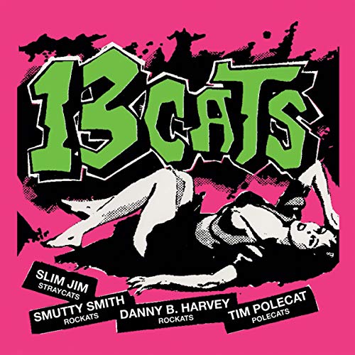 Pink album cover with green text "13 Cats" and illustrations of cats.