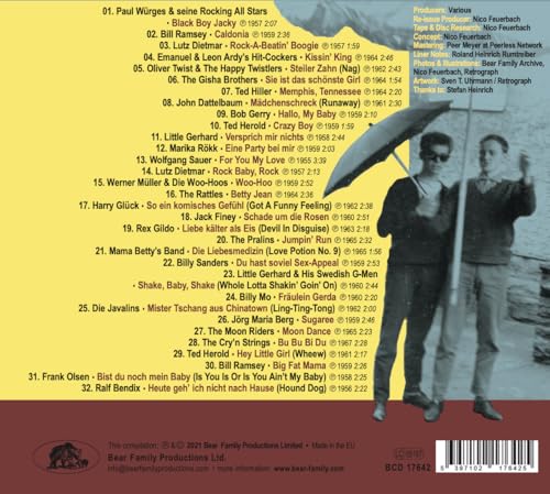 CD back cover featuring a black and white photo of musicians with an umbrella.