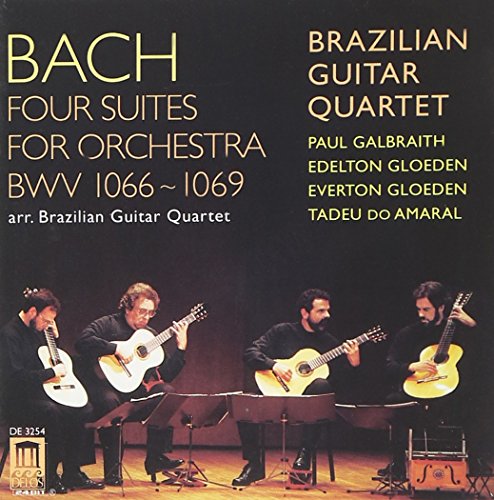 CD cover featuring the Brazilian Guitar Quartet and text: “Bach Four Suites.”