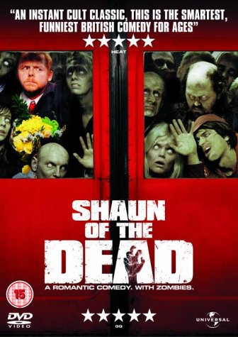 Shaun Of The Dead DVD cover with zombies and a man holding flowers.