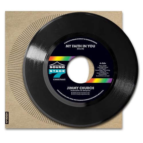 Black vinyl record with colorful label, resting on a cardboard sleeve.