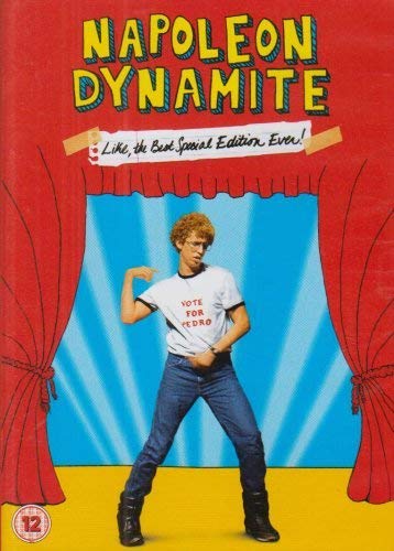 Napoleon Dynamite DVD cover featuring a man in a Vote for Pedro shirt dancing.