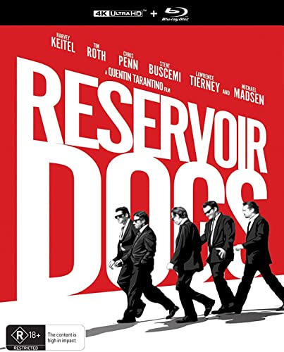 Reservoir Dogs" 4K & Blu-ray cover with men in suits walking in formation.
