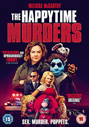 DVD cover for "The Happytime Murders" featuring Melissa McCarthy and puppets.
