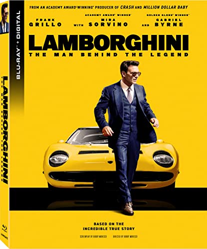 Blu-ray cover for "Lamborghini" featuring a man and yellow sports car.