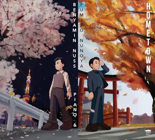 CD cover: Two men with cherry blossoms and autumn leaves, Tokyo skyline.